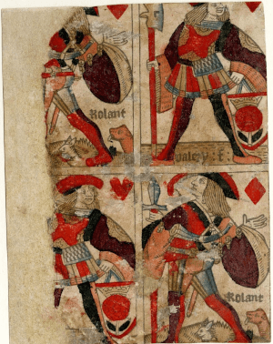 Nierozcięty arkusz kart do gry typu francuskiego, wyprodukowany w Rouen przez Valery’ego Faucila ok. 1516 roku; obecnie znajduje się w Muzeum Brytyjskim. Licencja: Creative Commons Attribution-NonCommercial-ShareAlike 4.0 International (CC BY-NC-SA 4.0). © The Trustees of the British Museum.