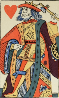 Król kier z talii typu francuskiego, wyprodukowanej w Rouen około 1567 roku. Benham 1931, s. 28, rys. 59.