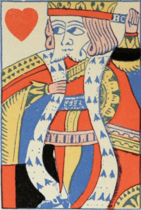 Król kier z talii typu francuskiego, wyprodukowanej w Anglii około 1750 roku. Benham 1931, s. 28, rys. 60.