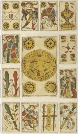 Nierozcięty arkusz kart typu hiszpańskiego z 1574 roku. Ilustracja pierwotnie opublikowana w „Museo español de antigüedades”, t. 3, 1874. Źródło: Wikimedia Commons, licencja: domena publiczna.