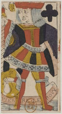 Najstarszy prekursor jokera: walet trefl, ok. 1656–1664. Autor: Pierre Leroux. Obecnie w zbiorach Bibliothèque nationale de France. Źródło: Wikimedia Commons, domena publiczna.