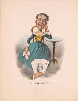 Karykatura zatytułowana „Euchered”, 1884 r. Na pierwszym planie karta z postacią dziecięcego pajaca z pozytywki i podpisem „The Little Joker”. Autor: F.C., Popular Graphic Arts. Obecnie w zbiorach Biblioteki Kongresu. Źródło: Wikimedia Commons, domena publiczna.