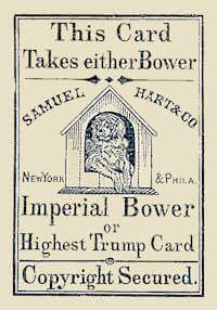 Karta Imperial Bower autorstwa Samuela Harta, ok. 1872. Datowanie na podstawie: Simon Wintle, „Samuel Hart, 1846–1871”. World Web Playing Card Museum. Źródło: Wikimedia Commons, domena publiczna.