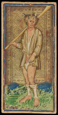 Najstarsza zachowana karta Głupca: talia Visconti–Sforza, 1466. Zob. Dummett 1980, s. 68–69. Autorzy: Bonifacio Bembo, Antonio Cicognara. Źródło: Wikimedia Commons, domena publiczna.