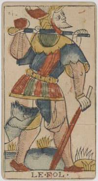 Głupiec z talii Tarot de Marseille, 1701–1715. Autor: Jean Dodal. Źródło: Wikimedia Commons, domena publiczna.